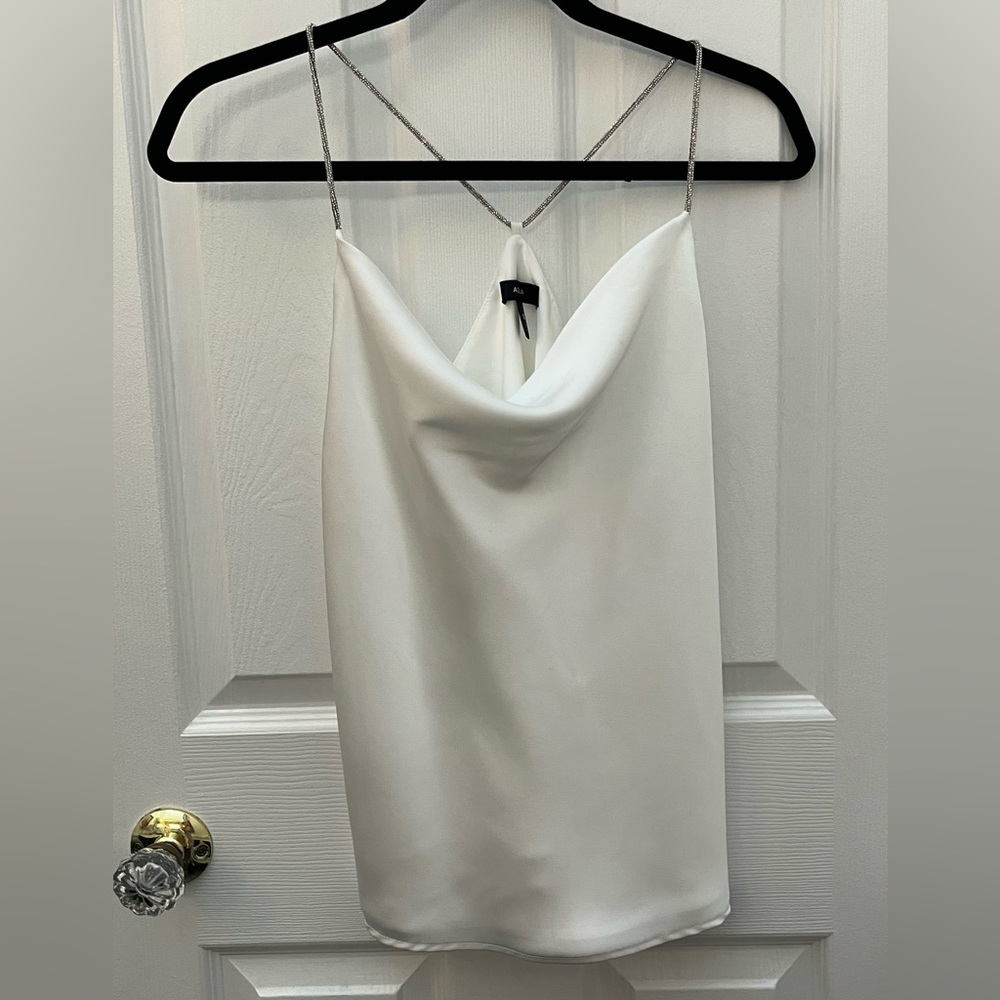 Aqua Elegant White Satin Cowl Neck Top with silver straps